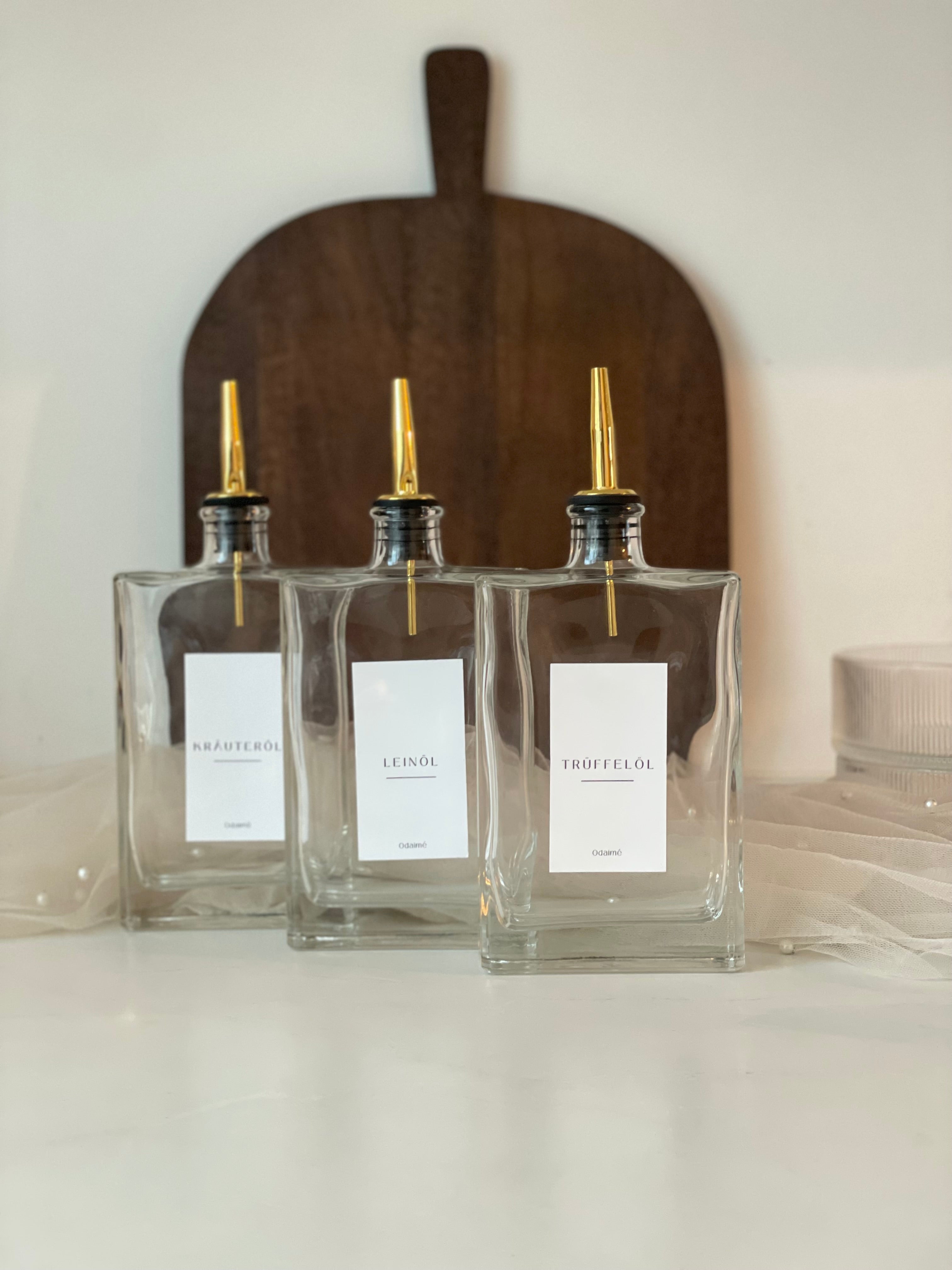 EMMA - Öl und Essigspender aus Glas 350ml mit edlem Ausgießer 6 Farben (Gold, Silber, Anthrazit, Weinrot)