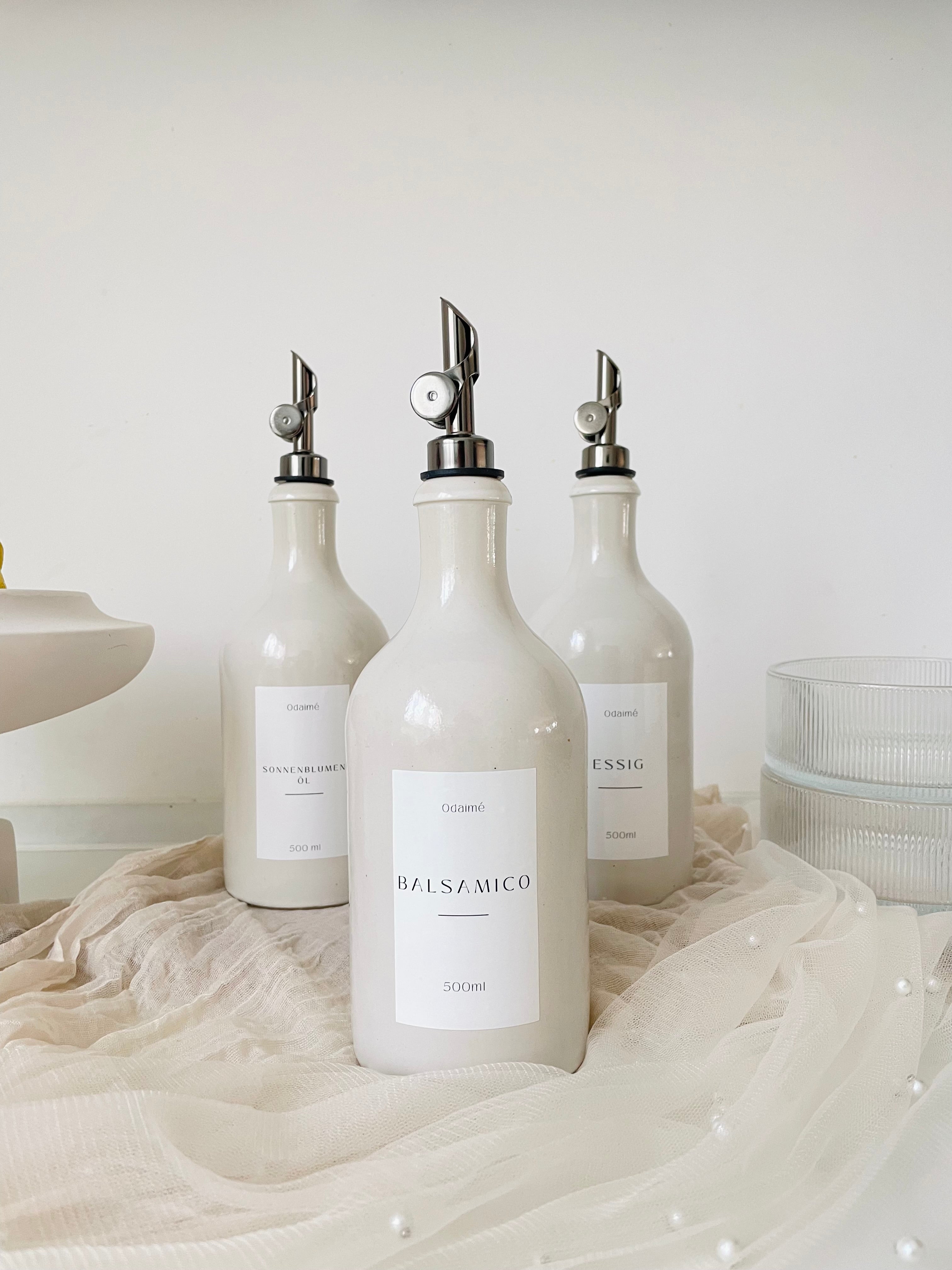 LORIK Essig- und Ölspender aus Keramik, perlmutt-weiß - Landhausstil mit automatisch öffnendem Ausgießer